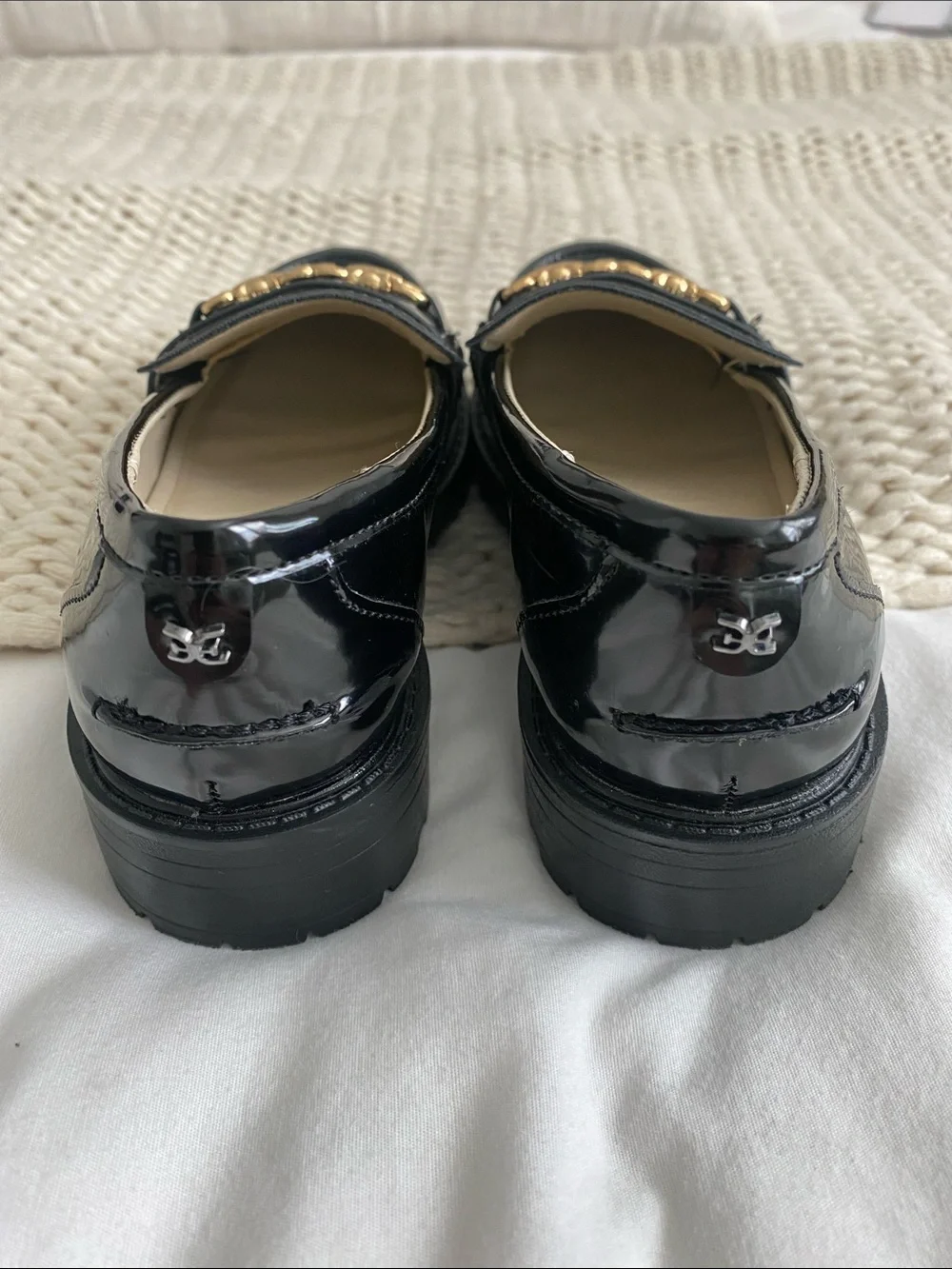 Sam Edelman Black Patent Loafers with Gold Chain Accent